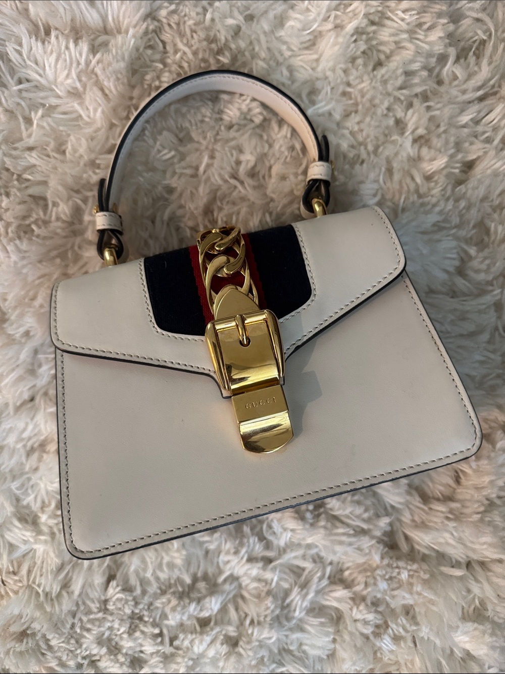 Gucci Cream Leather Top Handle Satchel with Navy and Red Web